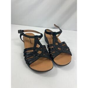 BareTraps  Mares Black Leather Strappy Wedge Heel Sandals Size 6